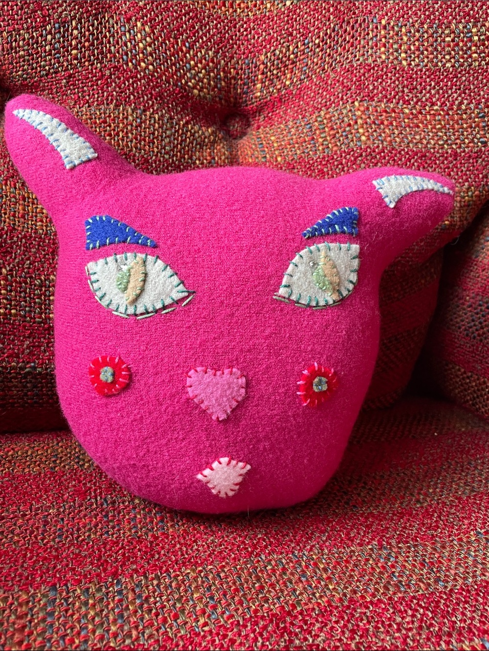 Handmade Hot Pink Boiled Wool Cat Pillow with Accent Felt Details Swarovski Eyes